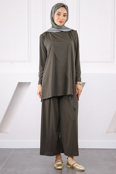 İmajButik Khaki Front Detailed Sandy Tunic Trousers Set