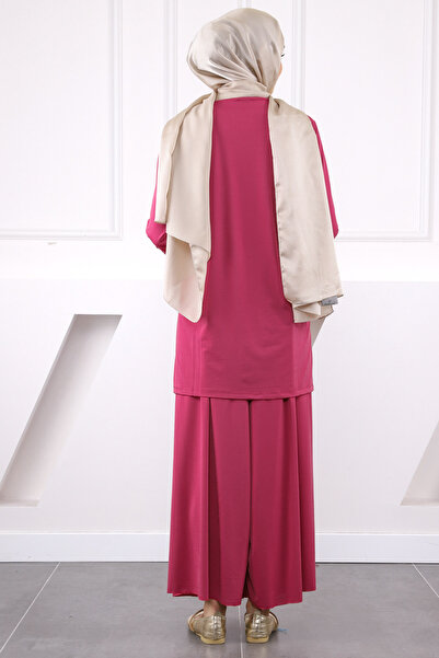 İmajButik Fuchsia Front Detailed Sandy Tunic Trousers Set