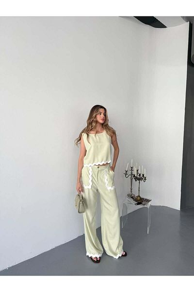 Bleu Petite Stripe Detail Linen Fabric Blouse Pants Set