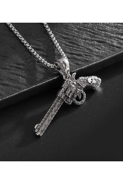 sarıyer silver Gun Themed Skull and Linear Embroidered Vintage Pistol Revolver Design Steel Necklace