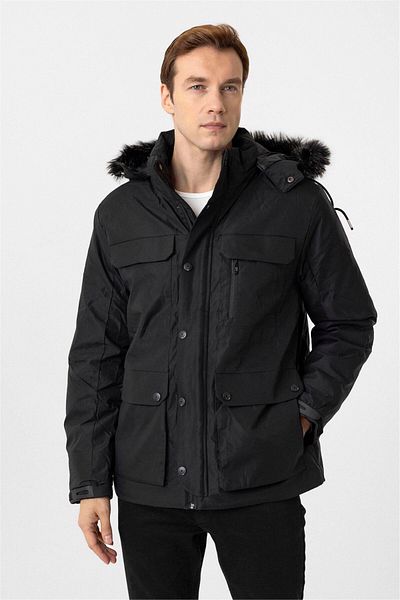 SÜVARİ Regular Fit Hooded Black Coat