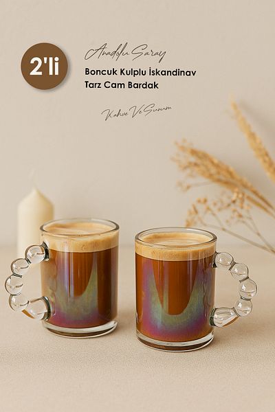 Anadolu Saray 2Pcs Heat Resistant Borosilicate Beads Nordic Style Glass Cup with Handle Coffee Presentation Cup