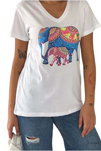 Cassime Women's White Color Elephant Embroidered 100% Cotton V-Neck T-Shirt