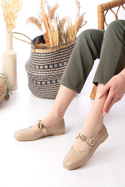 YASEMİN Women's Nut Patent Leather Daily Ballerina Buckle Adjustable Lightweight Comfortable Shoes - Lara