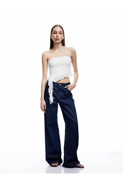 Koton Ruffle Detailed Asymmetrical Lace Strapless Crop Blouse
