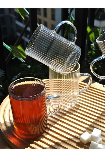 Qualitev 3-Piece Borosilicate Glass Cup Striped Handle Tea Coffee Cup Heat Resistant Mug-250 ml Tt