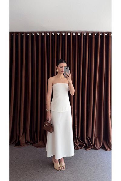 HAZELANNA Two Piece Look Strapless White Dress