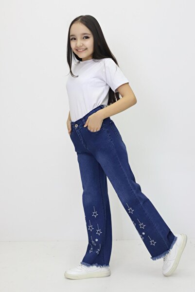 RAPİDO LİFE Girls' Jeans Pants Gray Star Embroidery Pipe Leg Daily Casual Jea...