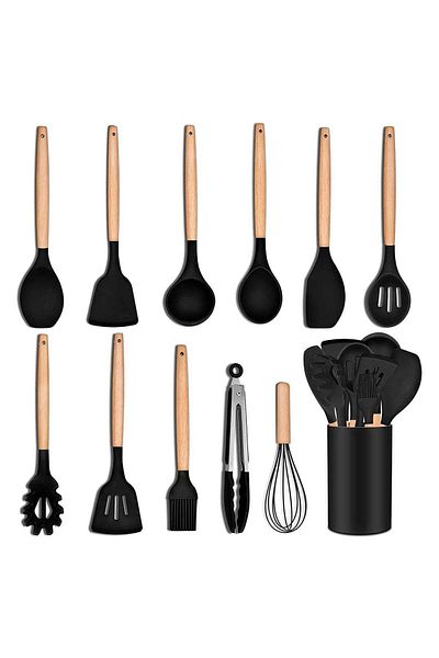 huitich 12-Piece Silicone Kitchen Utensil Set with Wooden Handles