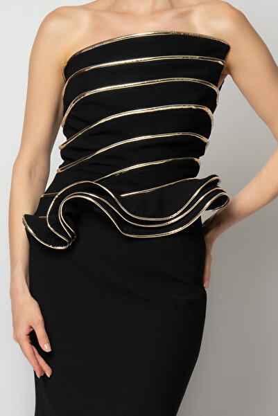 RENGIN Enine kat kat rugan biyeli krep abiye elbise