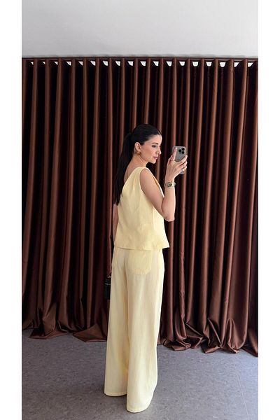 HAZELANNA Yellow Linen Vest-Pants Set