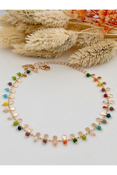 Siya Silver Mixed Color Natural Stone Steel Anklet