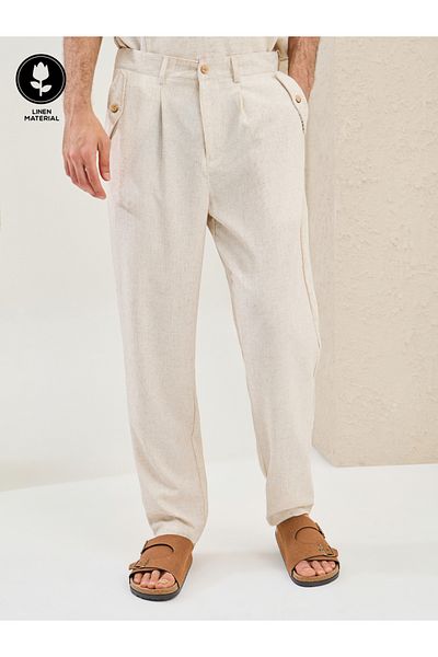 Styli Plain Linen Blend Tapered Fit Trousers with Pocket