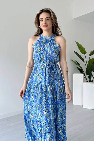 Sorridi Halter Neckline Floral Print Long Dress with Belt at Waist