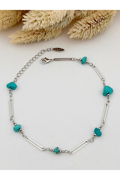Siya Silver Turquoise Broken Stone Paperclip Chain Steel Anklet - Natural Stone Anklet