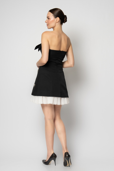 RENGIN Etek ucu tüllü serpme taşlı yakası fiyonk krep abiye elbise