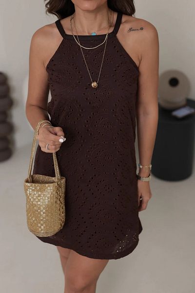 Qaju Women's Halter Neck Mini Slim Fit 100% Cotton Scallop Dress