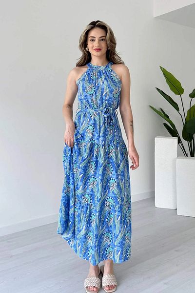 Sorridi Halter Neckline Floral Print Long Dress with Belt at Waist