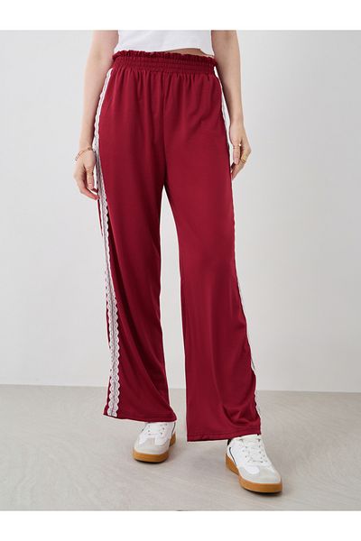 Styli Women Burgundy Side Lace Trim Wide Leg Pants