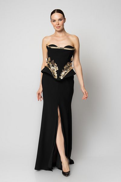 RENGIN Buy Patent Leather Floral Strapless Crepe Evening Dress