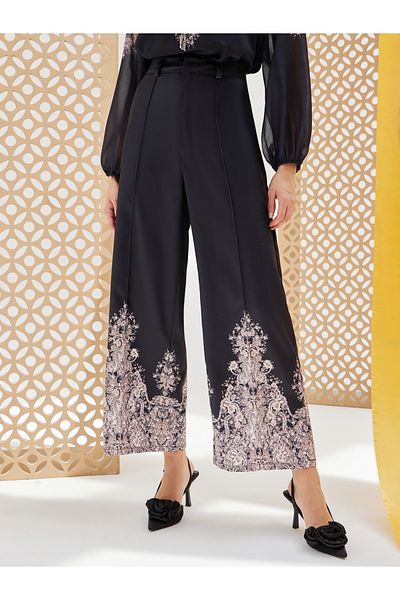 Styli Placement Printed Linen Look Wide Leg Pants