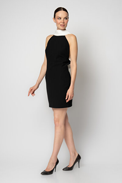 RENGIN Şal yaka çift renkli krep abiye elbise