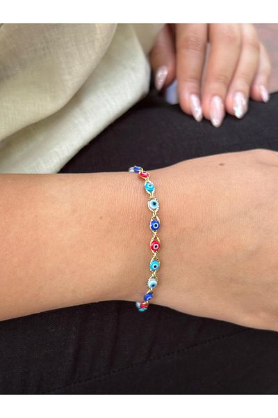 Akiha Aksesuar Multicolored Steel Premium Bracelet with Evil Eye Beads