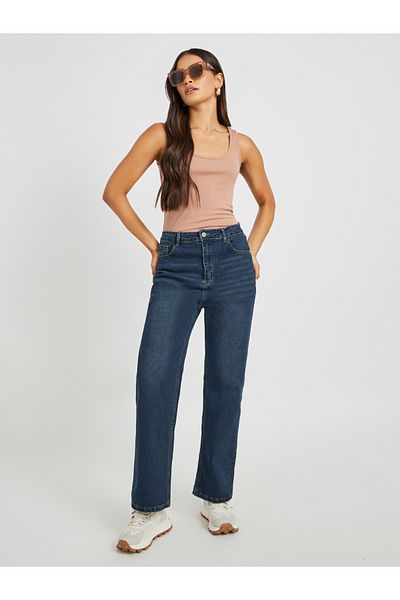 Styli High Rise Whiskered Straight Fit Jeans