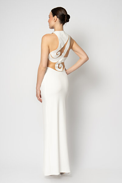 RENGIN Sırtı ve göğsü motifli lazer kesim krep abiye elbise