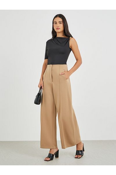 Styli High Rise Wide Leg Pants with Pintuck Detail