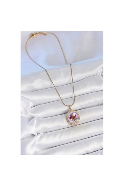 Skygo 316L Steel Gold Color Chain Purple Enamel Pearled Flower Embroidered Portrait Model Women's Necklace - Tj-Bko10156