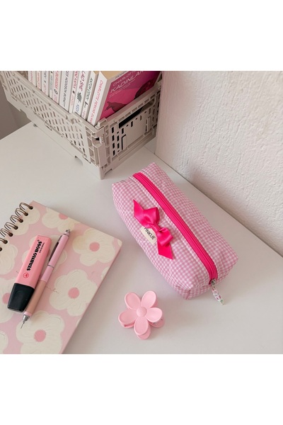 PİNKUE Розов калъф за моливи / органайзер / чантичка за грим Pinkue Gingham с...