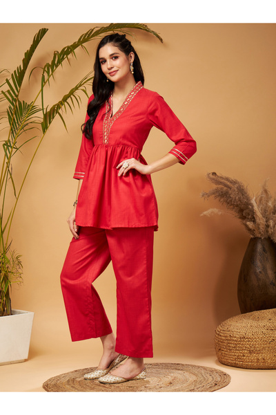 Shae by SASSAFRAS Embroidered Gathered Detail Peplum Top and Wide Leg Set