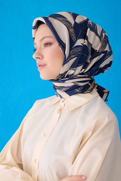 Belli Twill Silk Scarf 4123D Leaf Pattern Navy Blue-Cream-31