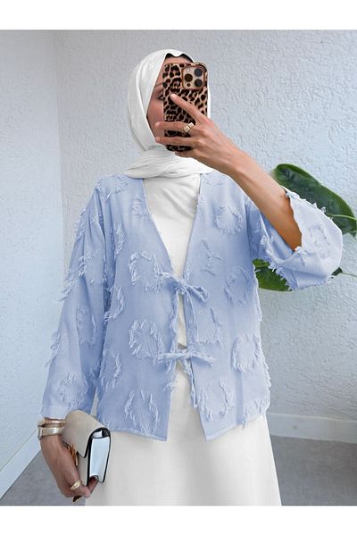 Modamorfo Kimono cu ciucuri cu legare în față - Albastru bebeluș