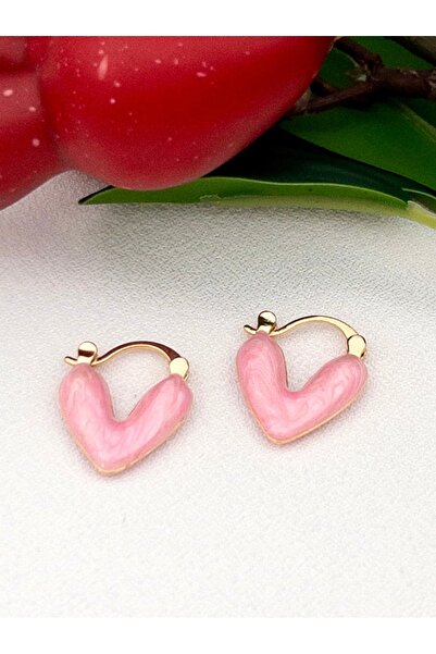 Siya Silver Pembe Mineli Minimal Çelik Kalp Küpe