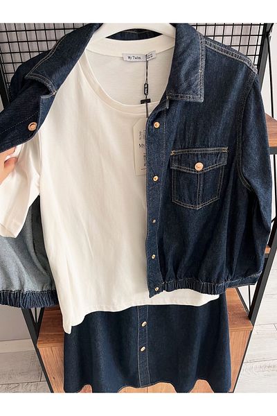 My twins Ewas Design Midi Length Denim Skirt Blouse Denim Jacket Plus Size Women's Three Piece Set