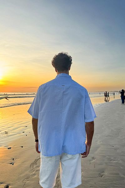 Flaw Wear Striped Oversize Blue Short Sleeve Shirt