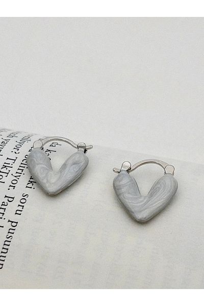Siya Silver White Enamel Minimal Steel Heart Earrings