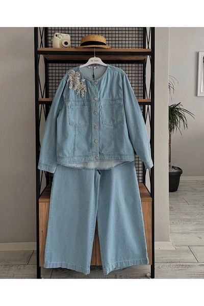 My twins Ewas Design Ankle Length Pants Stone Jacket Women's Plus Size Double Jeans Set