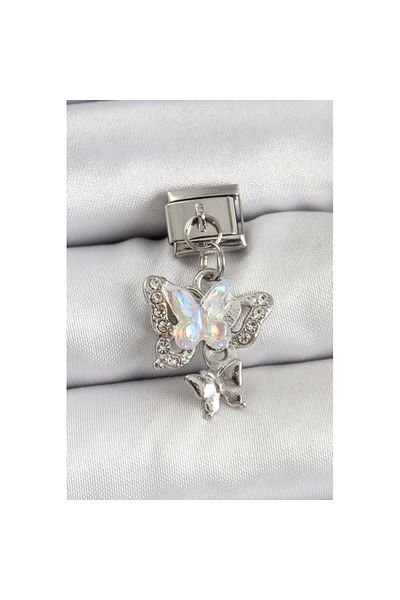 Skygo 316L Steel Dangle Zircon Stone Butterfly Model Silver Color Nomination Charm - Tj-Bc1458