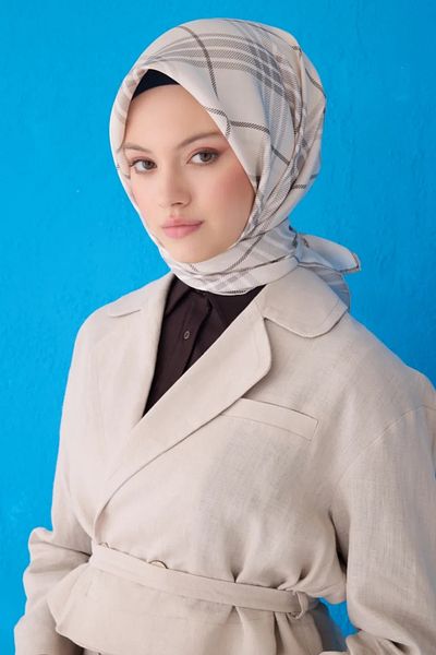 Belli Twill Silk Scarf 4122D Καρό Μοτίβο Κρέμα-82