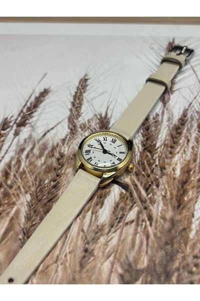 Brality Classic Roman Numeral Women's Wristwatch – Gold Color Case & Beige Genuine Leather Band 0152