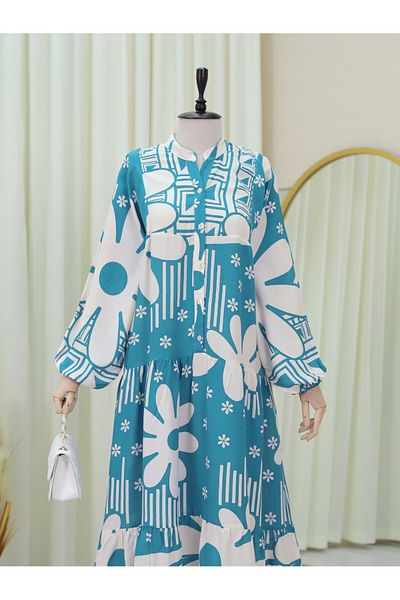 Modamorfo Φόρεμα Half Button Fragmented Floral Cotton Polyviscon -mint