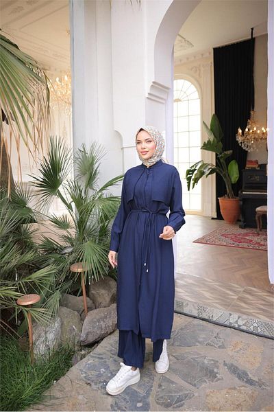 Bwest Waist Laced Short Vest Detailed Dress Double Hijab Tracksuit Set - (38-46) - 71284 - Navy Blue