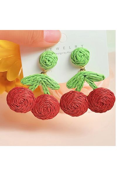 mos&more Red Cherry Straw Lightweight Summer Fashion Earrings