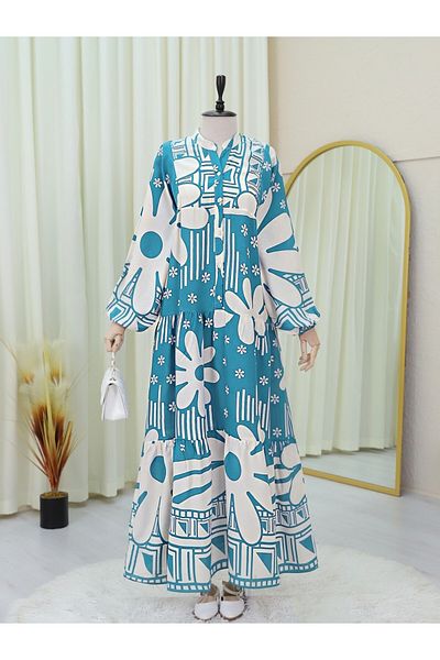 Modamorfo Φόρεμα Half Button Fragmented Floral Cotton Polyviscon -mint