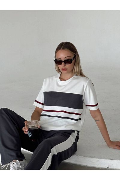 OTAKU Women's Modal Fabric Stripe Detailed T-Shirt Pants Set