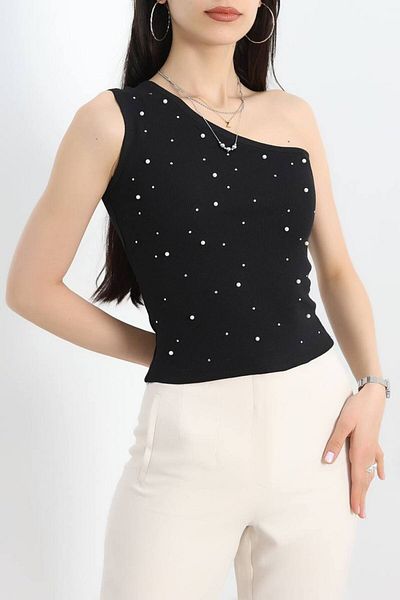 NovaRopa Women's Black One Shoulder Stone Detailed Blouse-Mbw6002
