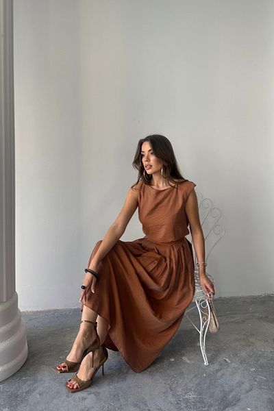 D&M Life Collection Linen Sleeveless Bluz - Maxi Skirt Set - Brown